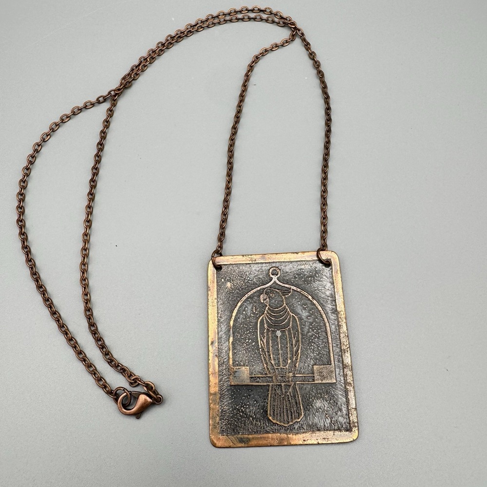 Oxidized Cooper Pendant Necklace‎ Swinging Parakeet 24" Long Chain